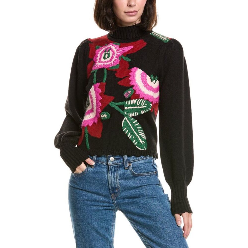 Farm Rio Womens  Bold Colorful Flower Knit Wool-Blend Sweater